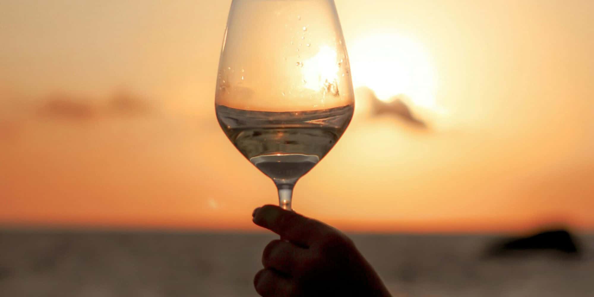 Wine glass held against a stunning seaside sunset